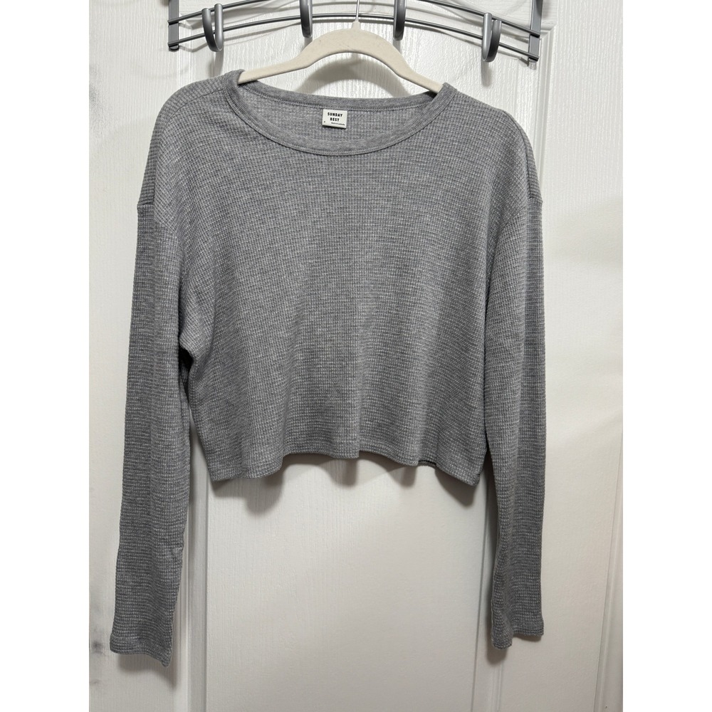 Sunday Best Aritzia Grey Waffle Knit Cropped Long Sleeve‎ Thermal Top S 98904
